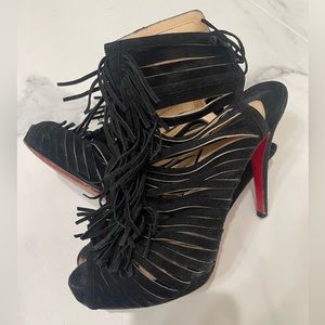 Christian Louboutin Black Suede Fringe Deva 120 Peep Bootie Sandals